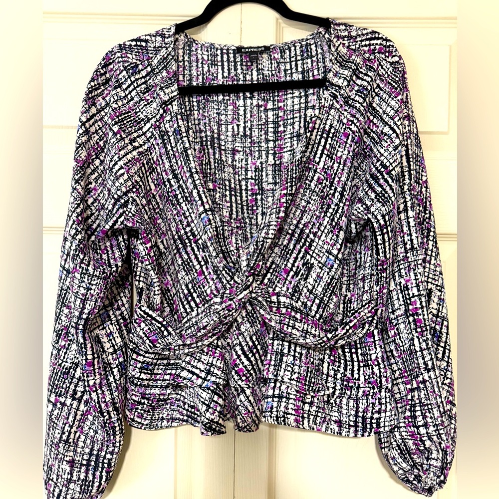 Express peplum blouse with long sleeves in purple and white.large